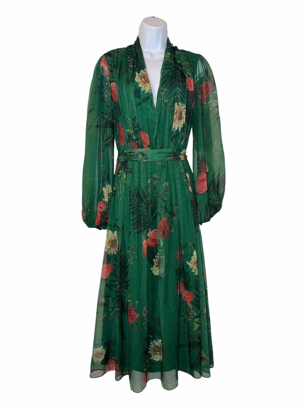 Alex Marie Green Tropical Floral Chiffon Pleated Maxi Dress Size 12